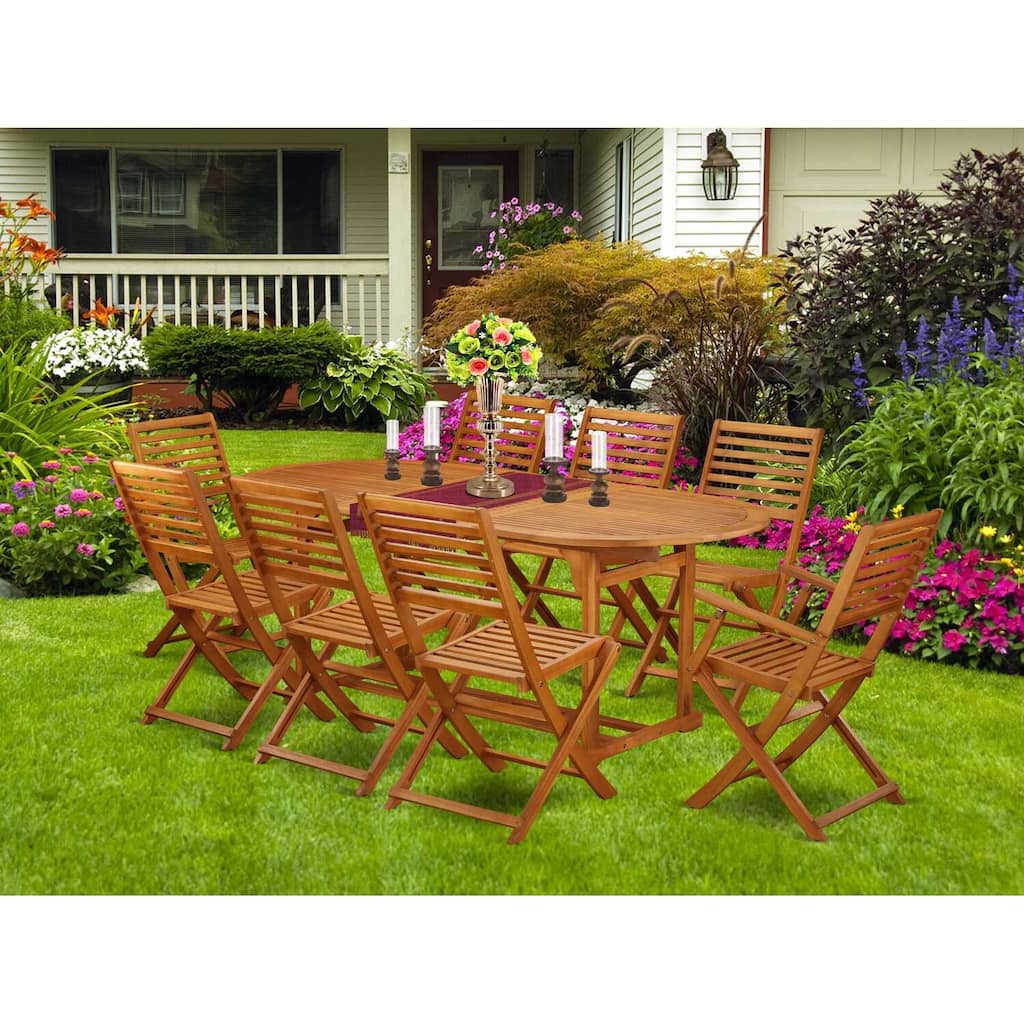 HomeStock 9-Piece Natural Oak Finish Solid Wood Top Dining Table with 8 Chairs with Lattice Back