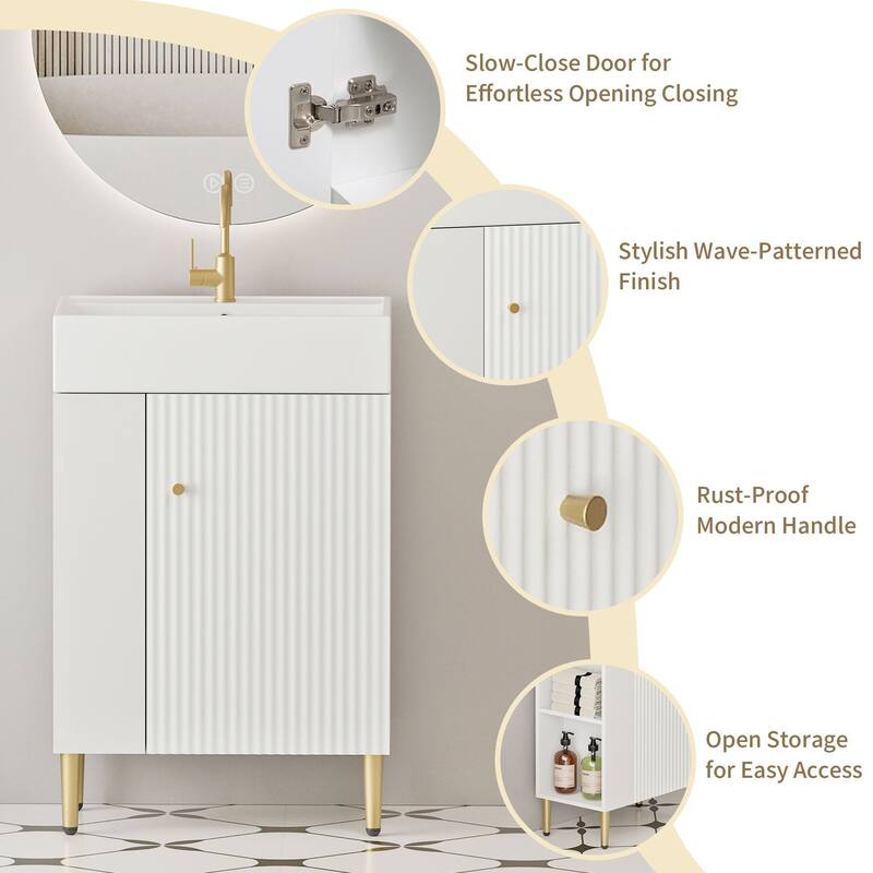Compact White Bathroom Vanity with Ceramic Sink, Soft-Closing Cabinet, and Brushed Copper Accents for Small Spaces