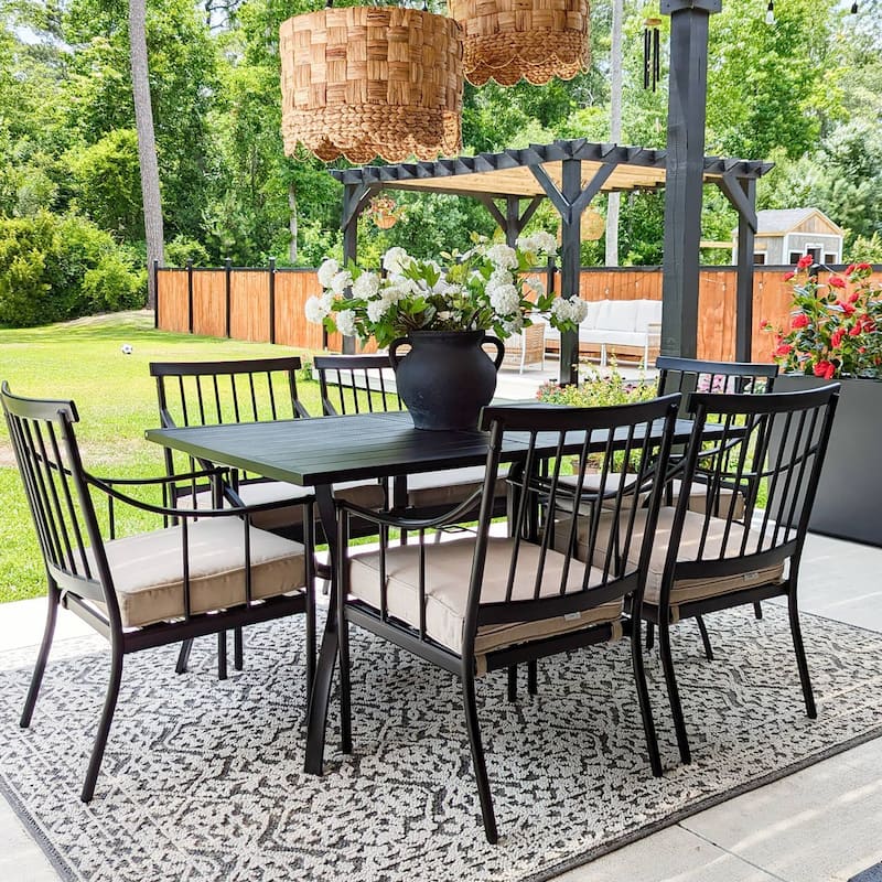 MAISON ARTS 7-Piece Patio Dining Set Steel Rectangle Table & 6 Dining Arm Chairs