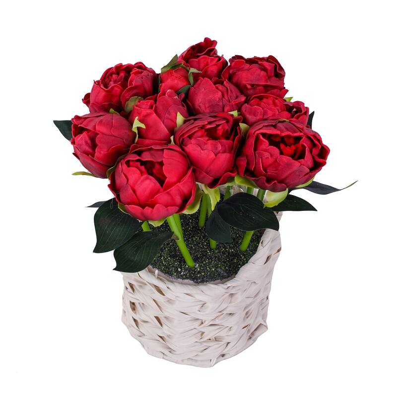 National Tree Company 10 in. Red Peony Flower Bouquet in White Basket - 10 in
