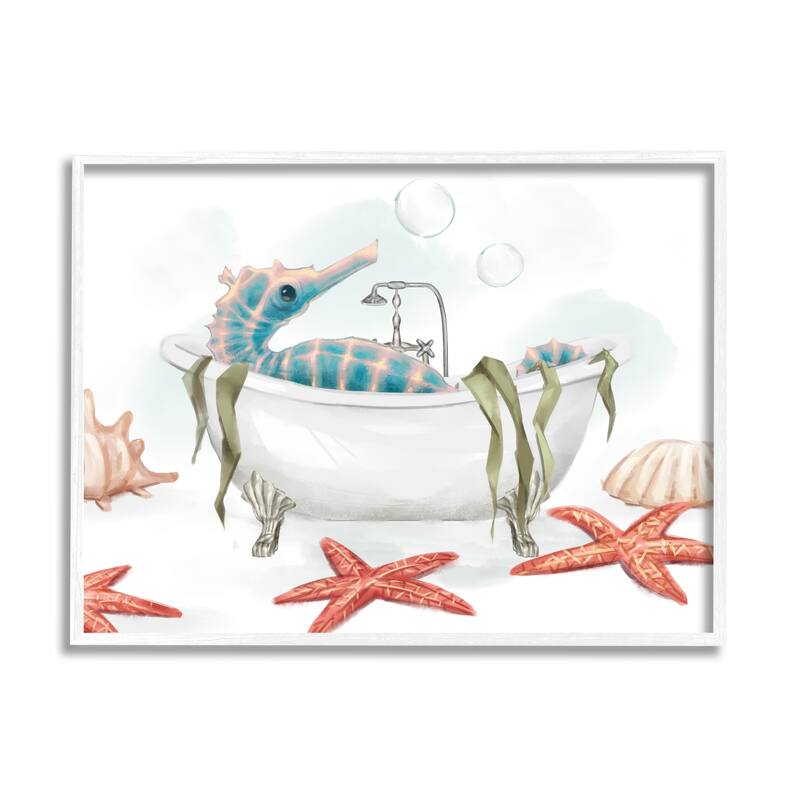 Stupell Seahorse Resting Nautical Bath Tub Starfish Bubbles Framed Wall Art - 24 x 30 - White