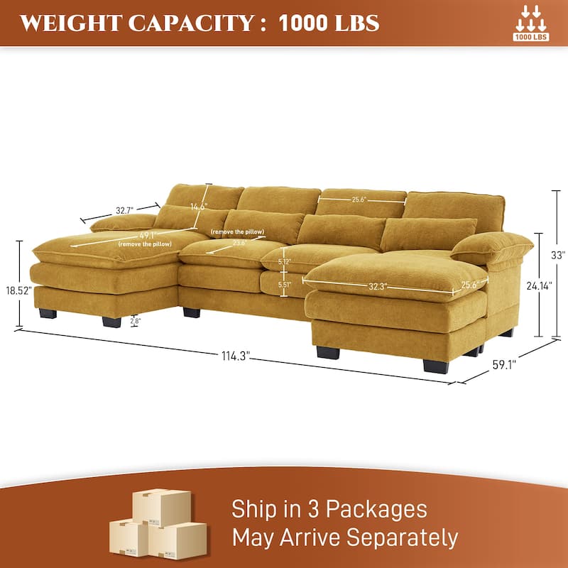Ouyessir Soft Chenille Fabric U-shaped Sectional Sofa Set with Doudle Layer Cushion