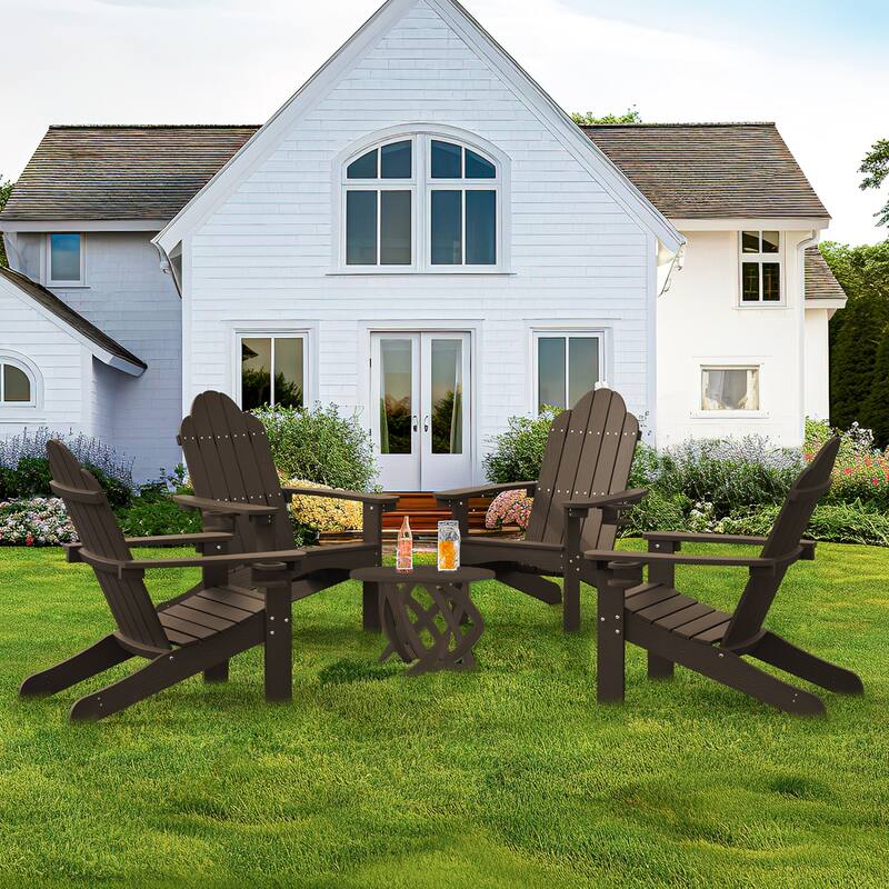 Plastic Poly Weather Resistant Outdoor Adirondack Chair Set of 4 Patio Classic Adirondack Chairs with Cup Holder - Dark Brown