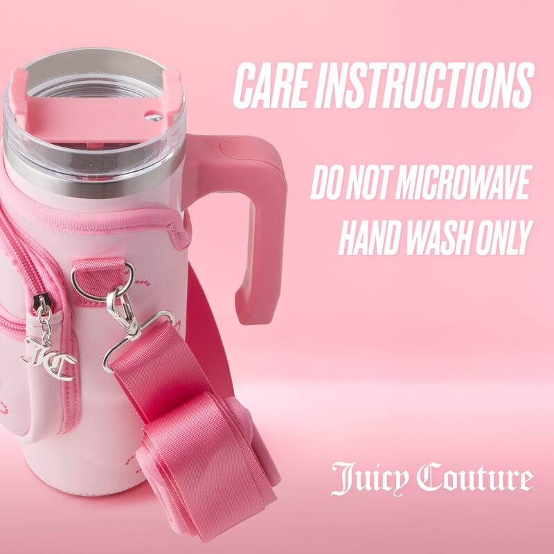 Juicy Couture Jetsetter Hydration Stainless Steel Tumbler with Handle, Straw & Topper with Neoprene Crossbody Pouch