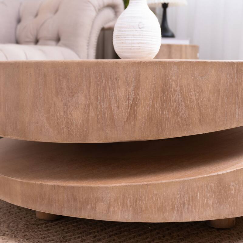 Roomfitters Modern Round Coffee Table with Offset Tier, 31" Architectural Center Table, Engineered Wood, Natural