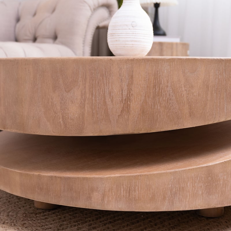 Round Wooden Carve Coffee Table End Table with Asymmetrical Two-tier Silhouette, Accent Table Dining Table with Lift-Top Lid