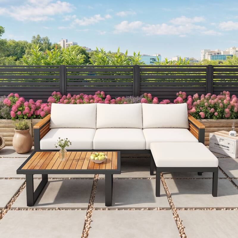 3-Piece Outdoor Patio Sofa Set, Acacia Wood and Metal Frame Furniture with Cushions, Industrial Style Seating with Coffee Table - Beige