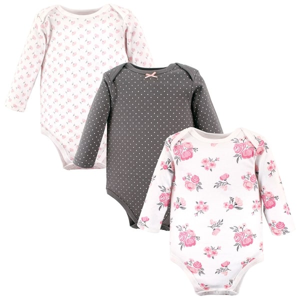 slide 1 of 1, Hudson Baby Infant Girl Cotton Long-Sleeve Bodysuits, Basic Pink Floral 6-9 Months - Basic Pink Gray Floral