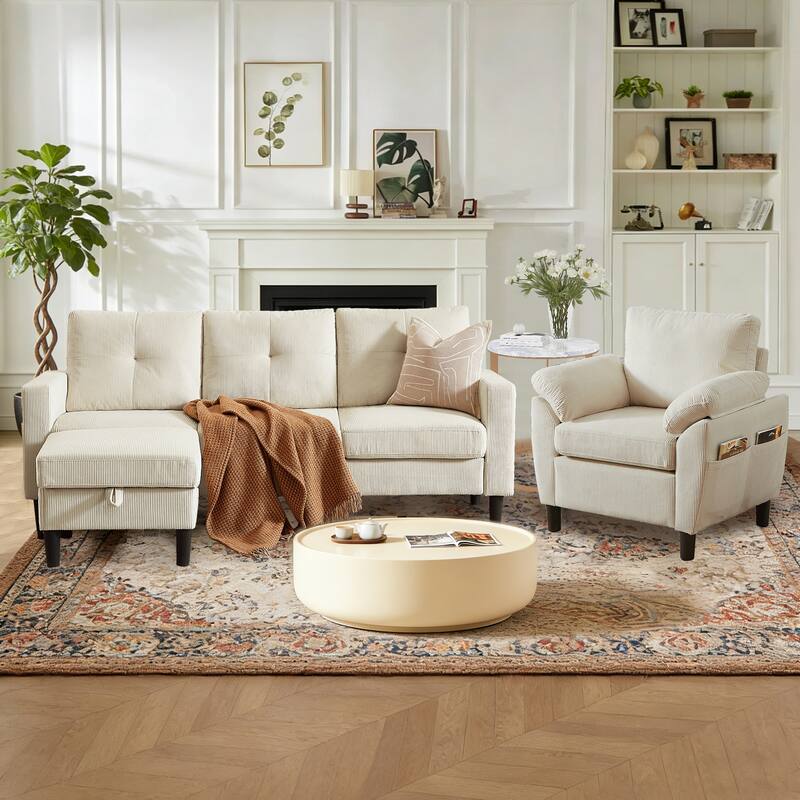 3 Pieces Corduroy Living Room Set with Sofa ,Storage Ottoman and Chair - Beige
