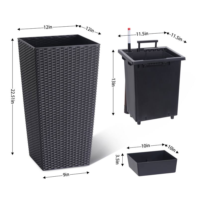 22.5 in Tall Planter Set of 2 Large Rattan Flower Pot with 2 Trays and a Water Level Monitor and Wheels Black