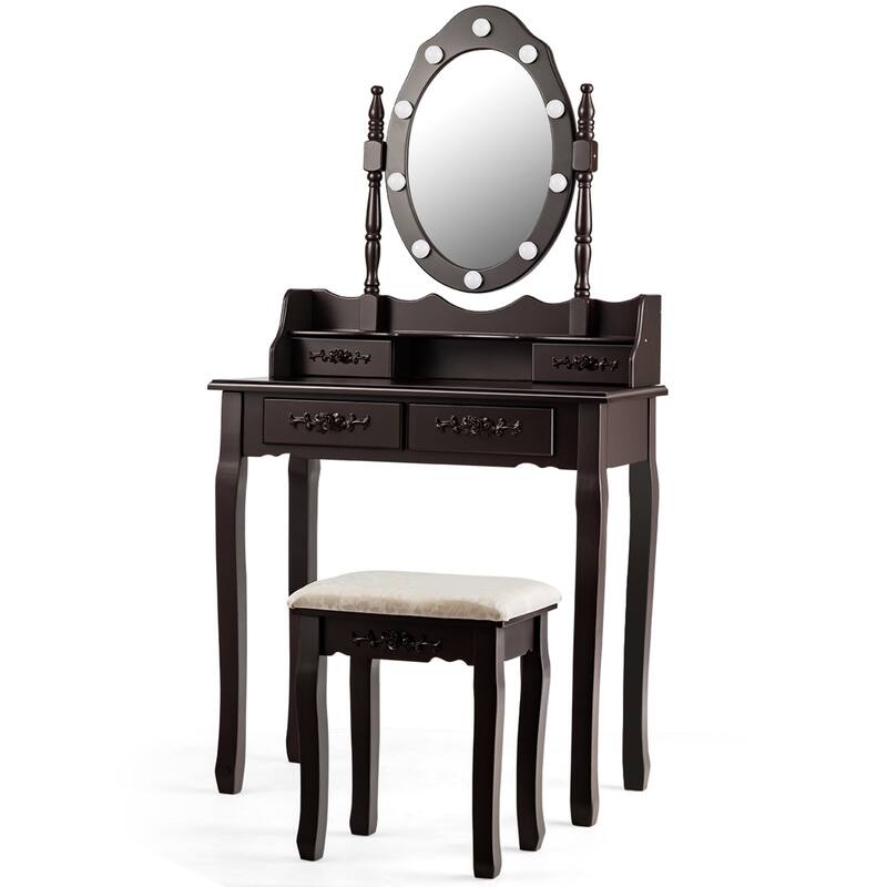 Gymax Makeup Vanity Dressing Table Set w/10 Dimmable Bulbs Cushioned - See Details