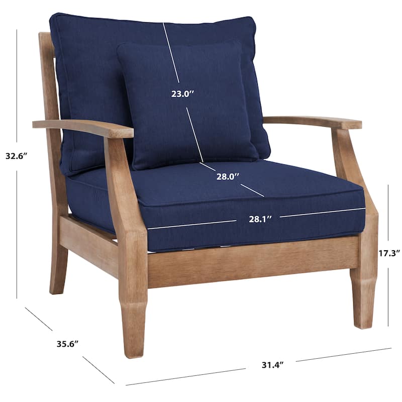 SAFAVIEH Couture Outdoor Patio Furniture Martinique Wood Arm Chair - 31"W x 36"D x 33"H - Natural/Navy