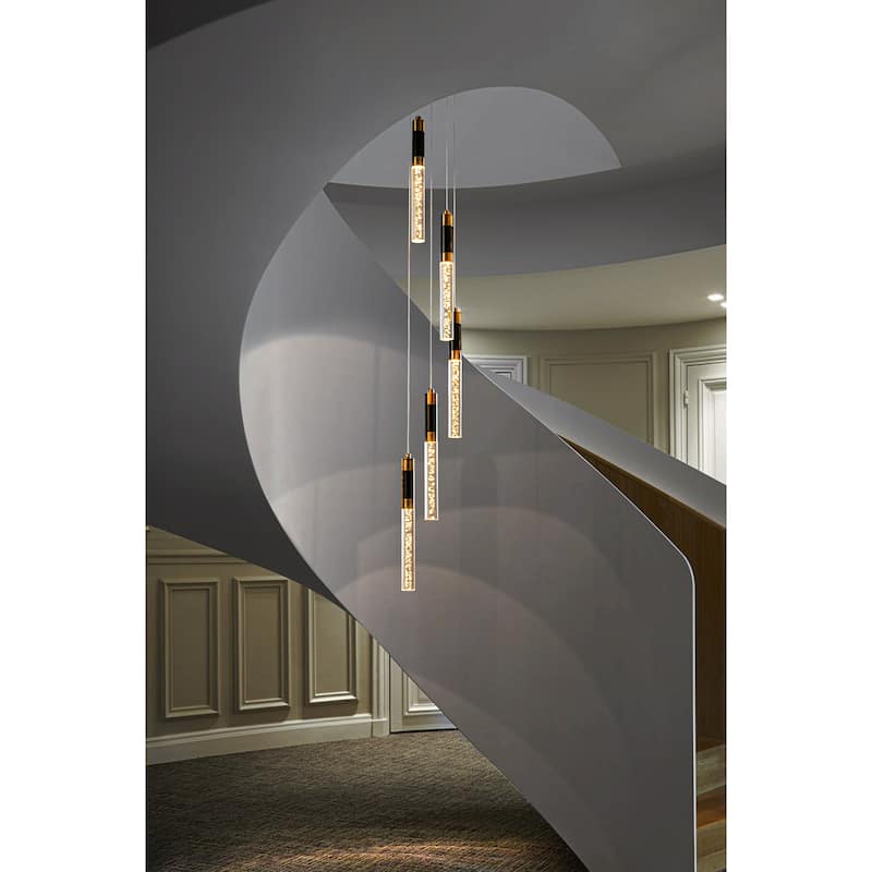 12'' Modern 5-Light Seeded Bubble Glass Cluster Integrated LED Staircase Chandelier Pendant Light In Matte Black - W12''