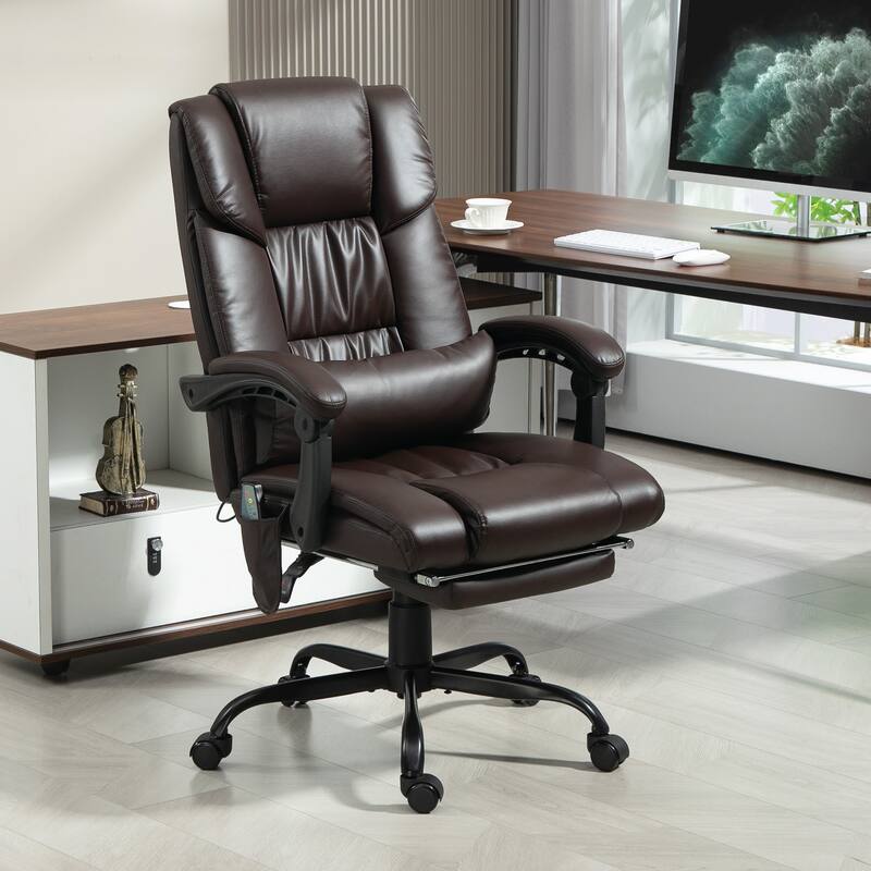 Faux Leather Massage Office Chair Ergonomic Reclining Computer Desk Chair with Footrest and Remote - 26" W x 29.5" D x 44"-48" H - Brown