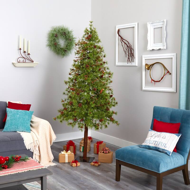 7ft Artificial Christmas Tree with Lights & Pine Cones - Holiday Decor, Slim Profile, Easy Setup - Green - 84