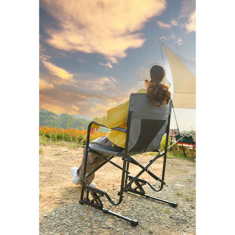 Outdoor Freestyle Rocker Camping Chair Portable Folding Rocking Chair,Durable Armrests,Drink Holder & Backrest