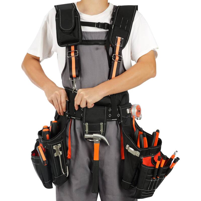 Black Polyester Adjustable Waist Strap Tool Belt with 29 Pockets Ideal for Men - 12.99 x 11.02 inches