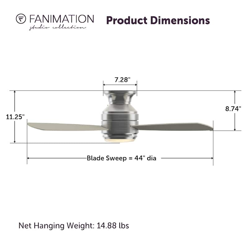 Fanimation Studio Collection Level 44 inch Brushed Nickel Ceiling Fan with LED Light and Wall Control