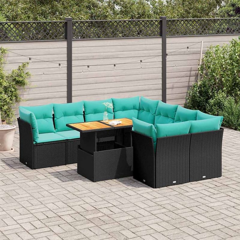 vidaXL 9 Piece Patio Sofa Set with Cushions Black Poly Rattan - 21.7 x 24.4 x 27.2