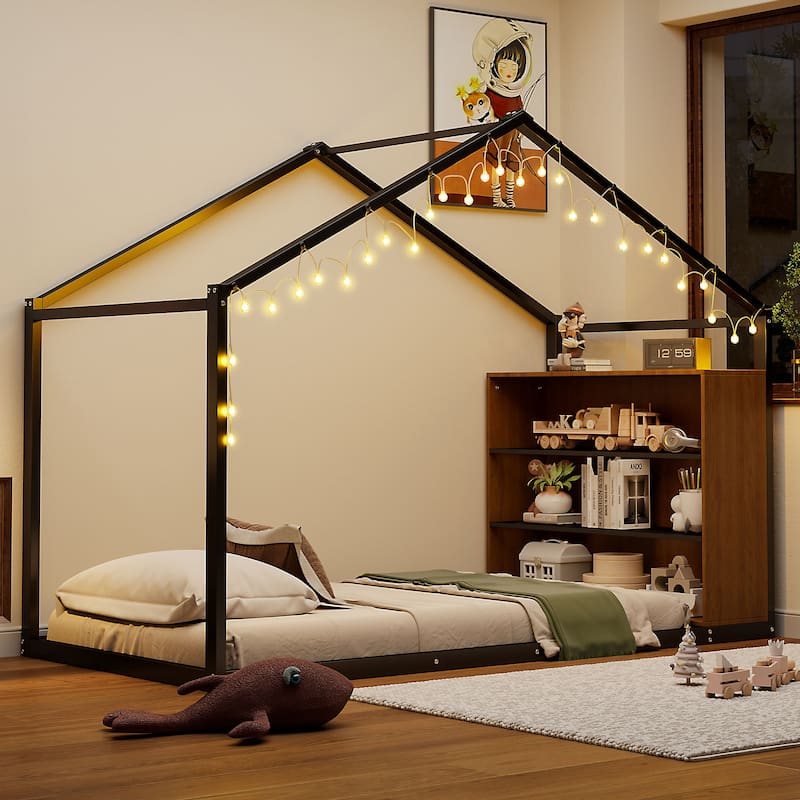 Twin Size Metal Bed House Bed Frame with Shelves and Lights, Black - Black