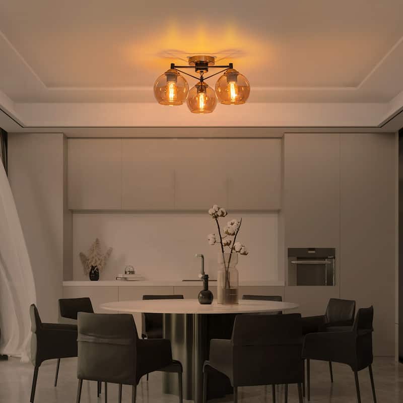3 Lights Gold Flush Mount Ceiling Light with Amber Glass Globes - Dia.17.72-in