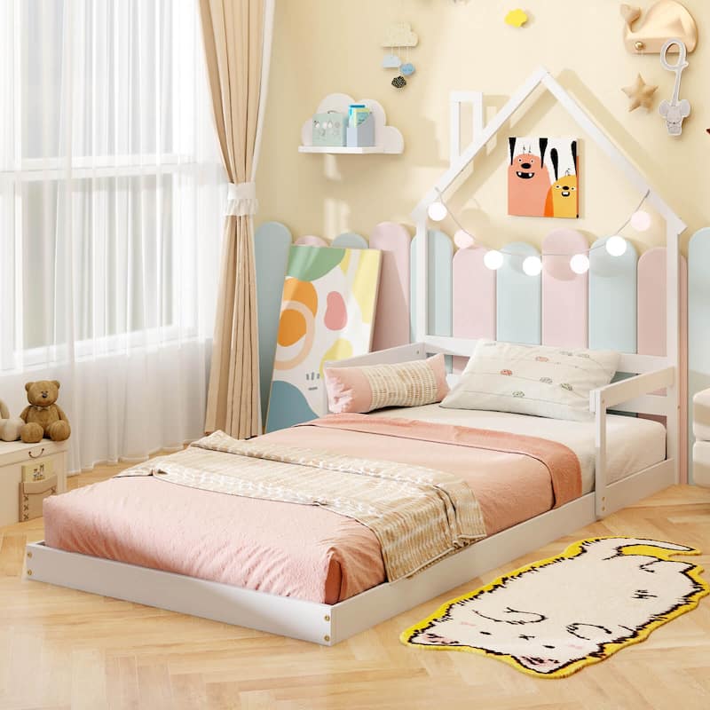 Costway Twin Size Floor Bed for Kids with Chimney Headboard & Handrail