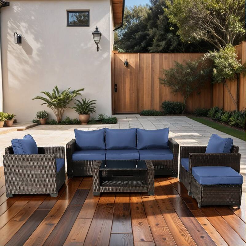 7-Piece Wicker Outdoor Sectional Set with Cushions and Table
