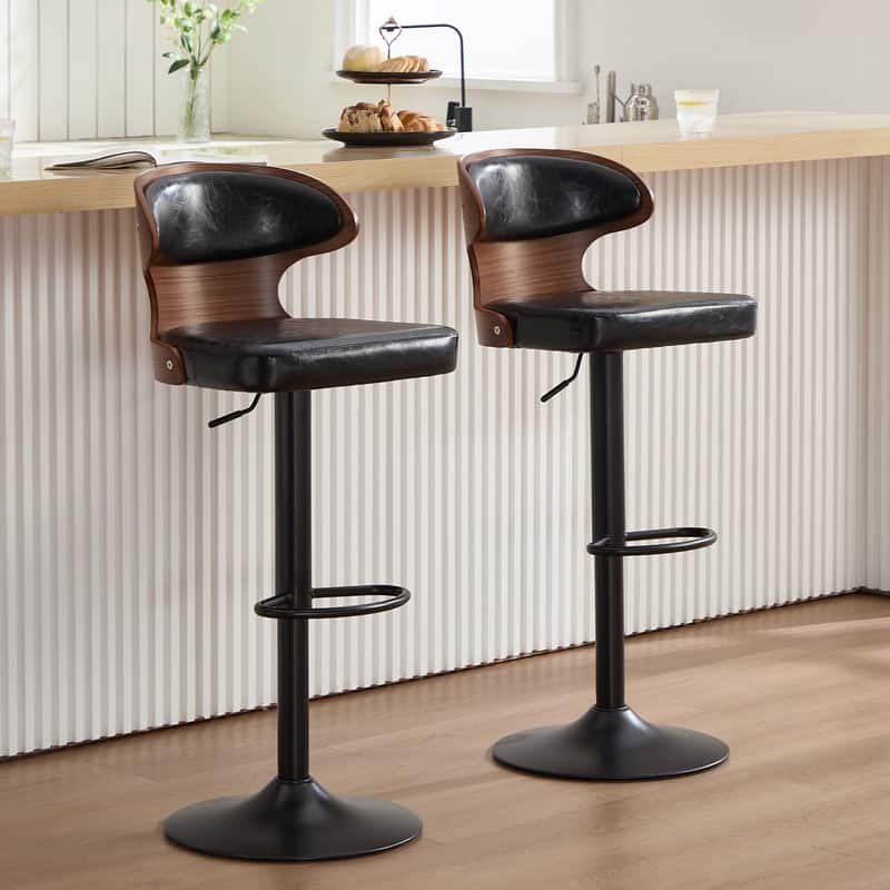 PU Leather Upholstered Curved Backrest 360° Swivel Adjustable Height Bar Stools with Footrest(set of 2) - Black