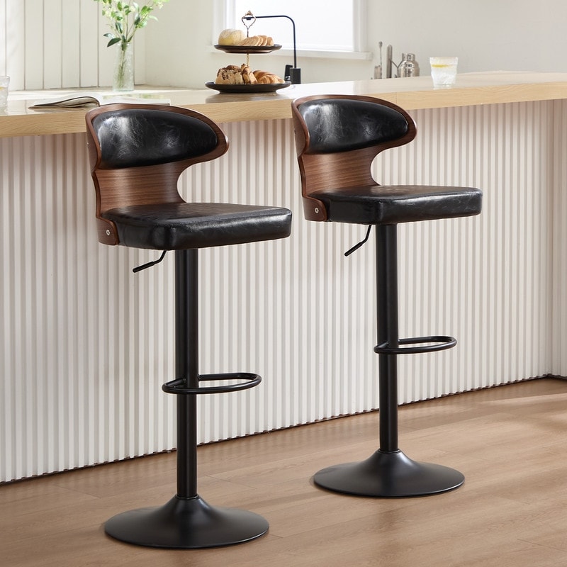 PU Leather Upholstered Curved Backrest 360° Swivel Adjustable Height Bar Stools with Footrest(set of 2)