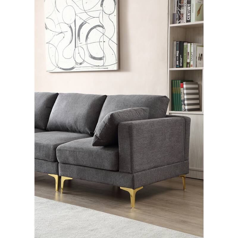 92'' Fabric L-Shape 3-Seater Sofa with Ottoman, Gold Metal Legs, and Toss Pillows