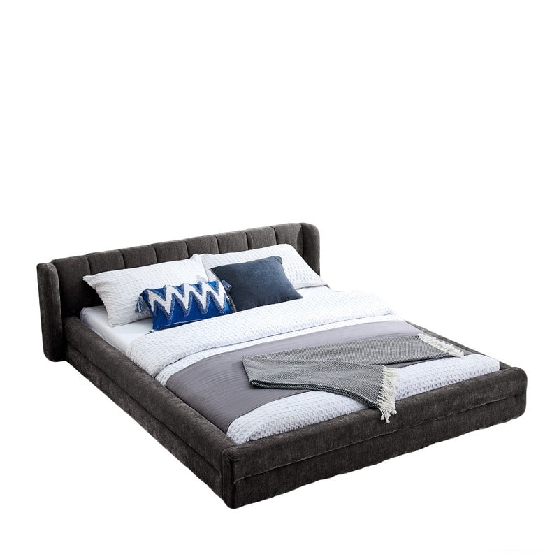 Queen-Sized Chenille Upholstered Bed with Headboard and Solid Frame.