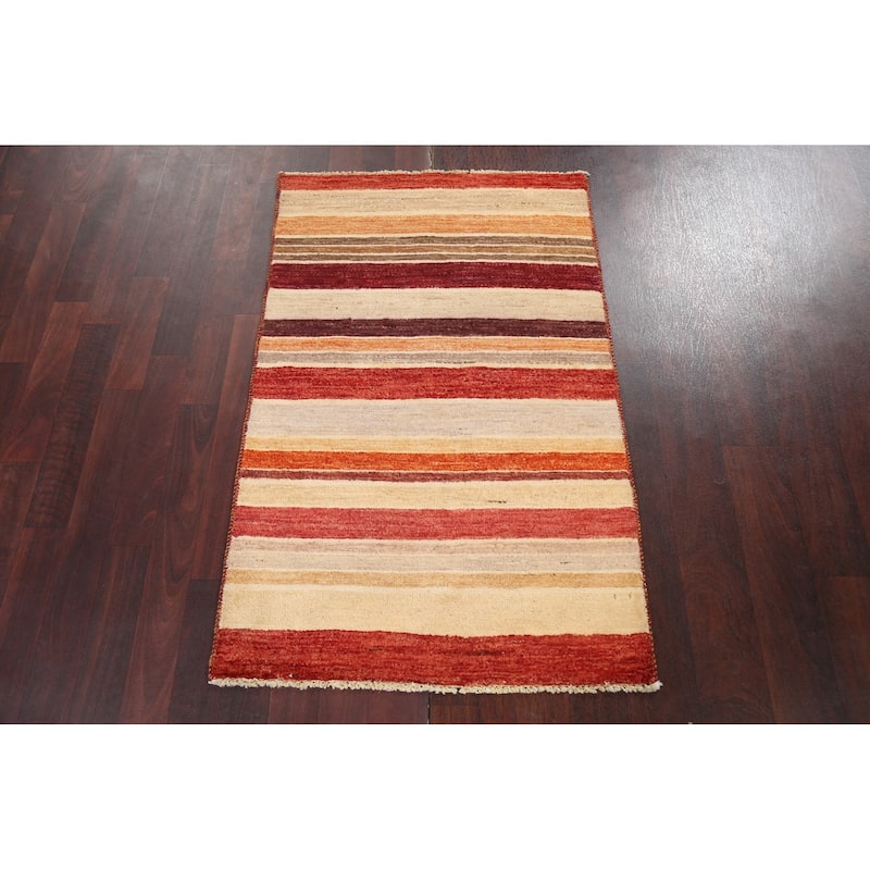 Wool Contemporary Striped Gabbeh Kashkoli Area Rug Hand-knotted Carpet - 2'6" x 4'0"