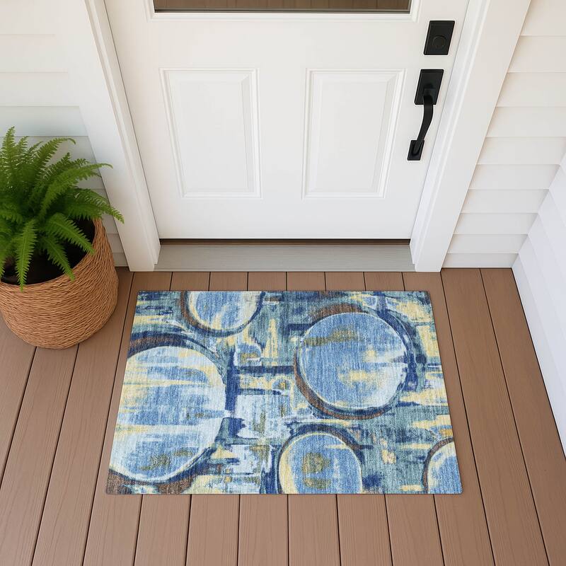 Machine Washable Indoor/ Outdoor Modern Erie Chantille Rug - Teal - 1'8" x 2'6"