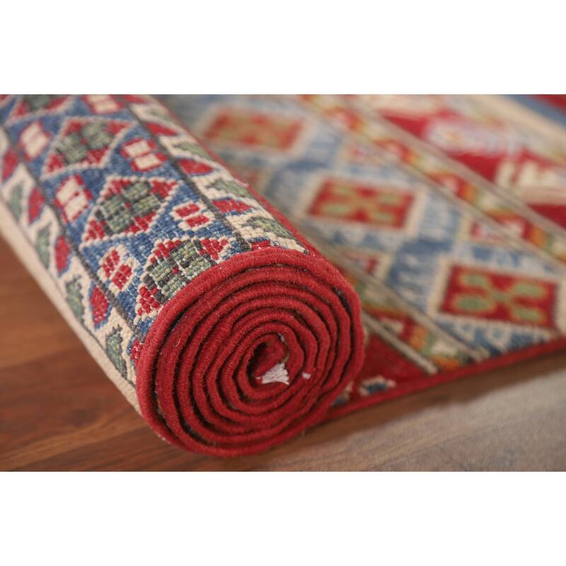 Hand Knotted Oriental 100% Wool Carpet Traditional All-Over Multi-Colored Kazak Runner Rug - 13' 10'' X 2' 6''