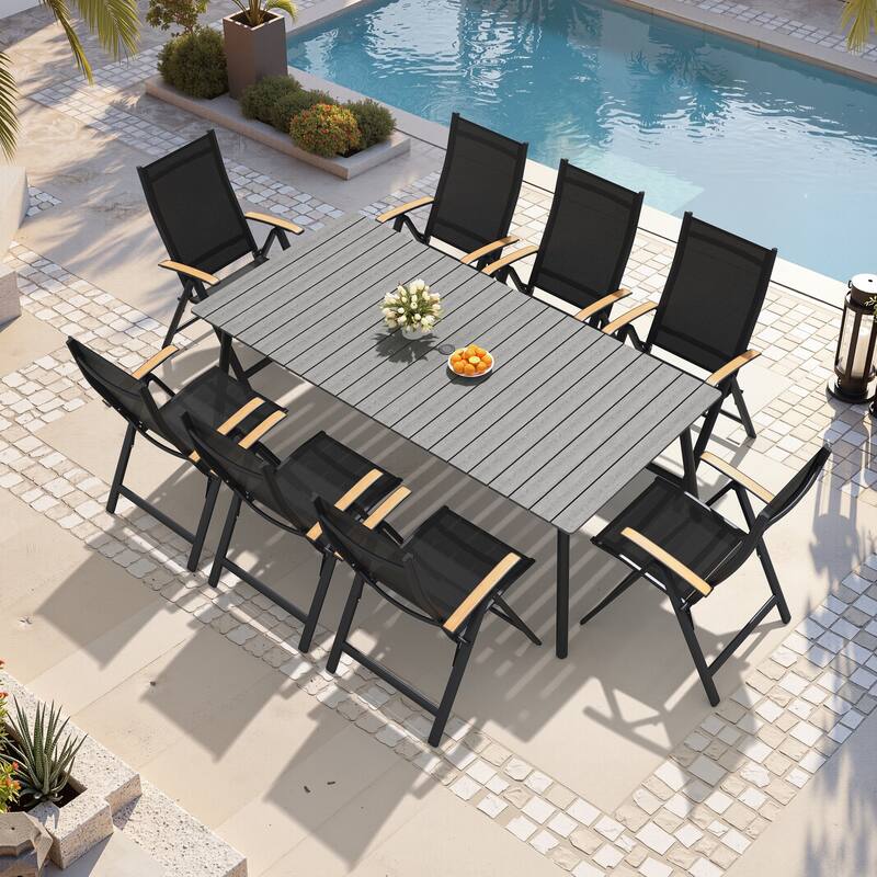 Outdoor Dining Set 8 Aluminum Folding Chairs with Adjustable Back and Rectangule Dining Table with Umbrella Hole - Grey
