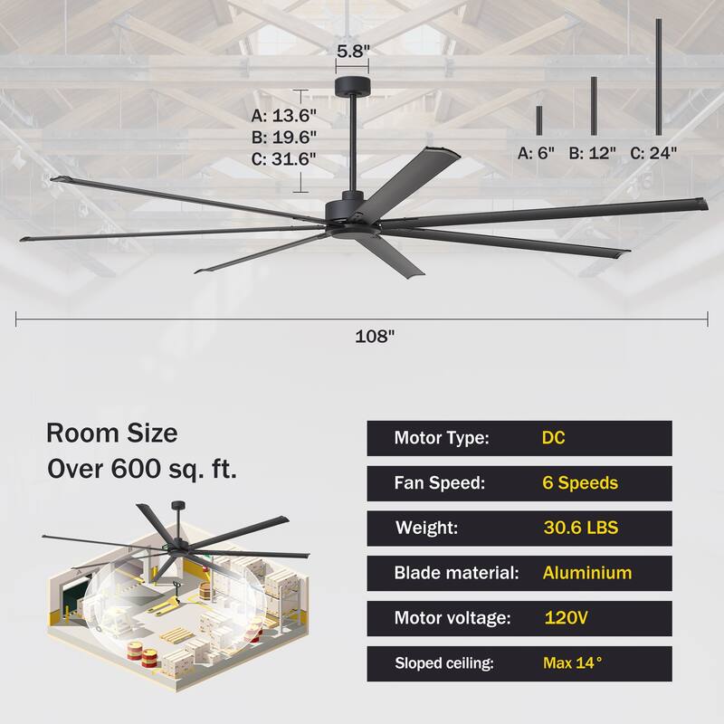 72"/84"/96"/120"/144" Extra Larger HVLS Commercial Ceiling Fan with Remote and Aluminum Blades