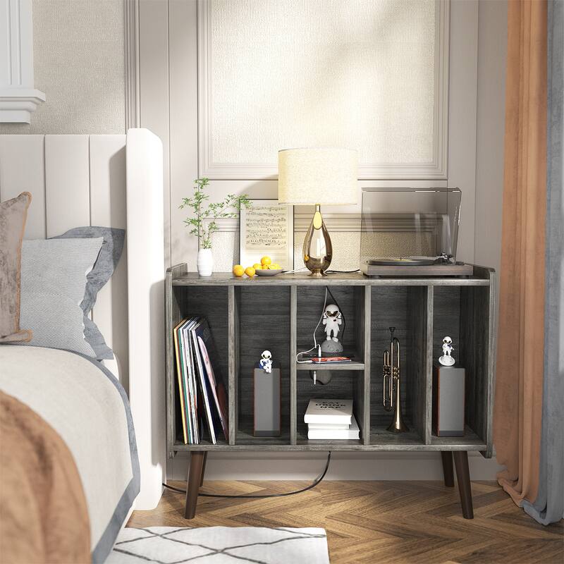 Retro Vinyl Stand with Charging Hub, Record Player Stand with Power Outlet and USB Ports