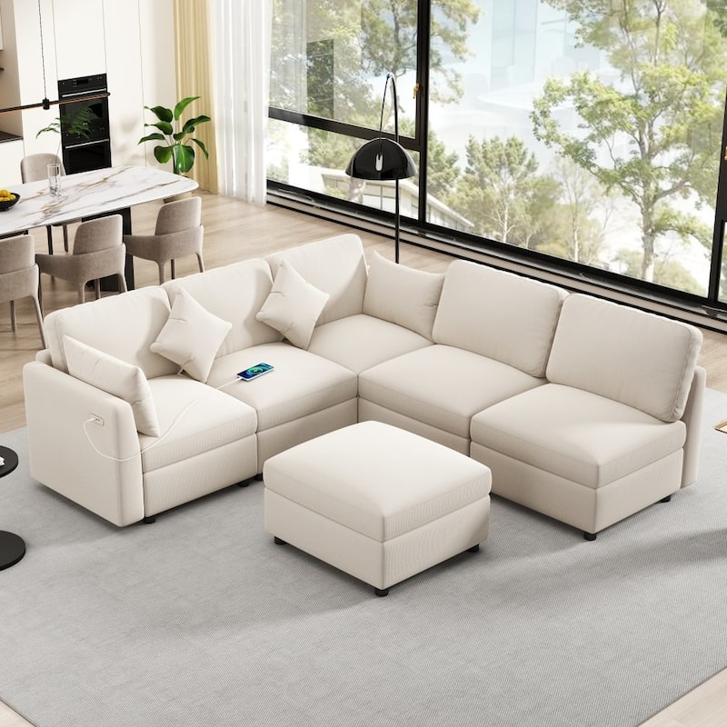 86.6" Convertible Modular Sectional Sofa with Movable Ottoman and USB Ports - Beige