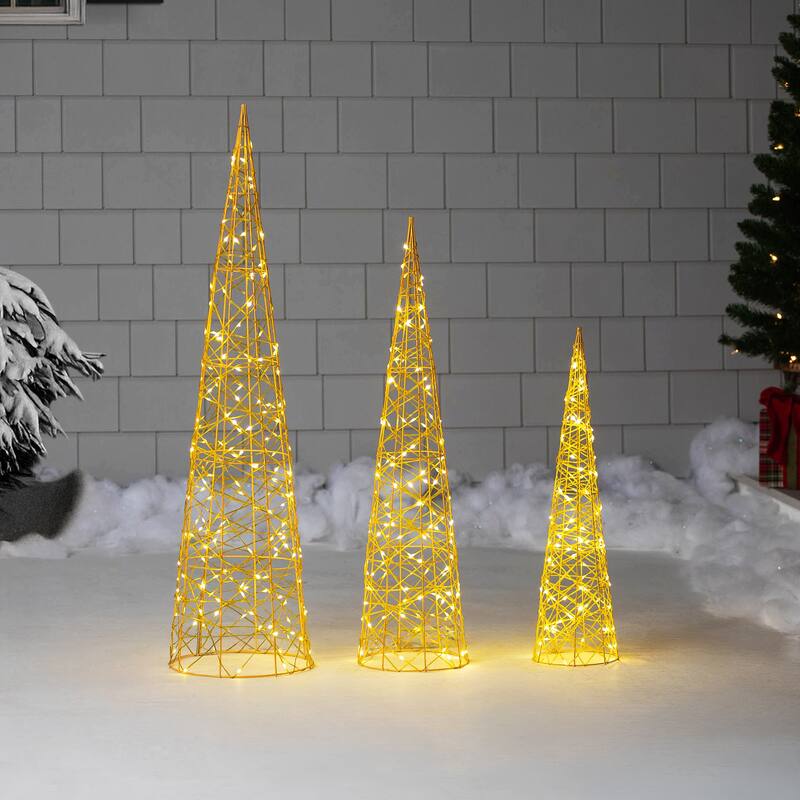3 LED Twinkle Lighted Gold Mesh Cone Trees Christmas Decors 39.5"