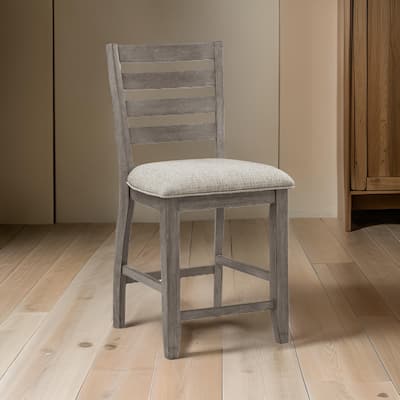 Trea 26 Inch Counter Height Chair, Ladder Back, Polyester, Gray Solid Wood