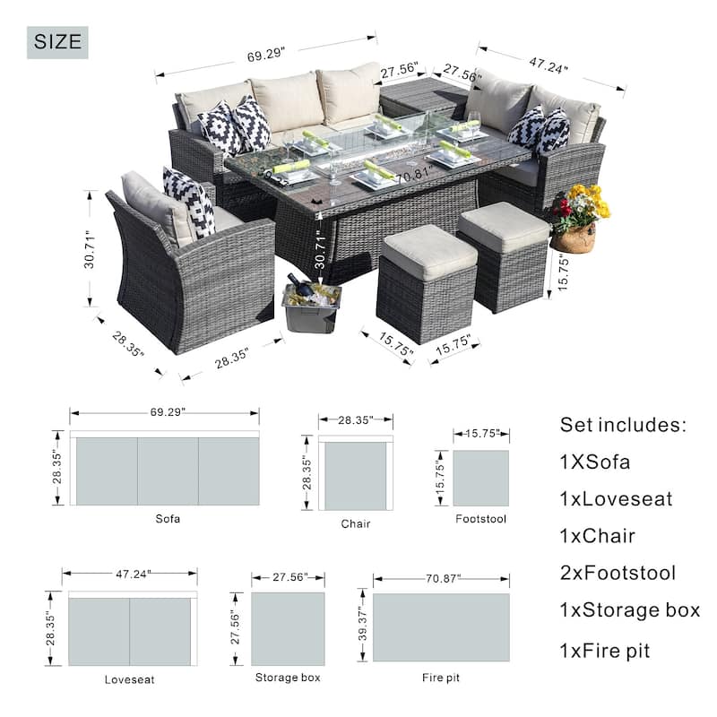 Morden Wicker/ Steel 7-piece Outdoor Conversation Firepit Dining Sets