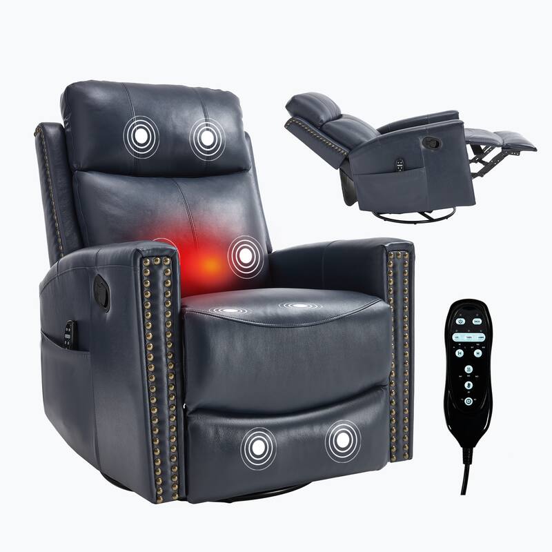 Roomfitters Genuine Leather Swivel Rocker Recliner, Manual Massage Glider with Heat and Top Grain Cowhide, Living Room