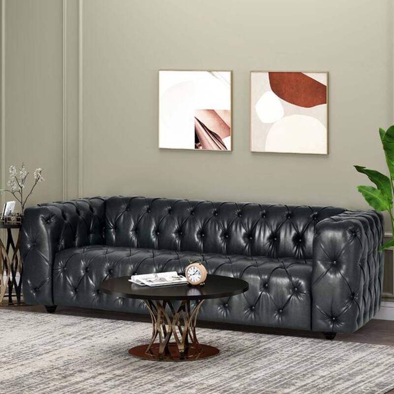 3-seat Black PU Sofa with Wooden Legs for Living Room and Study - Multi-Color