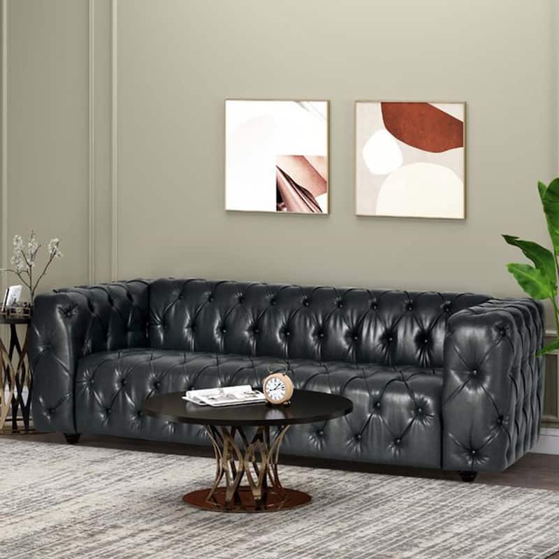 Faux Leather Button Tufted 3-seater Sofa with Wood Legs - Black