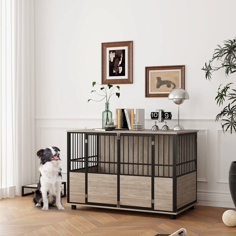 Decorative Dog Kennel Indoor End Table with Double Doors, Multi-Purpose Pet Crate for Small to Large Dogs up to 88 lb, 46"L