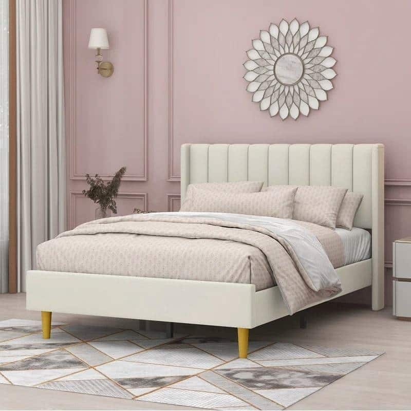 Modern Velvet Upholstered Platform Bed Frame with Padded Headboard and Wooden Slats - Cream - Full