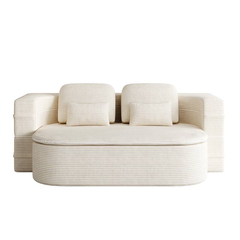 2-in-1 Floor Sleeper Sofa Bed Corduroy Foldable Sofa with Functional Blanket and Pillows for Living Room Bedroom Studio