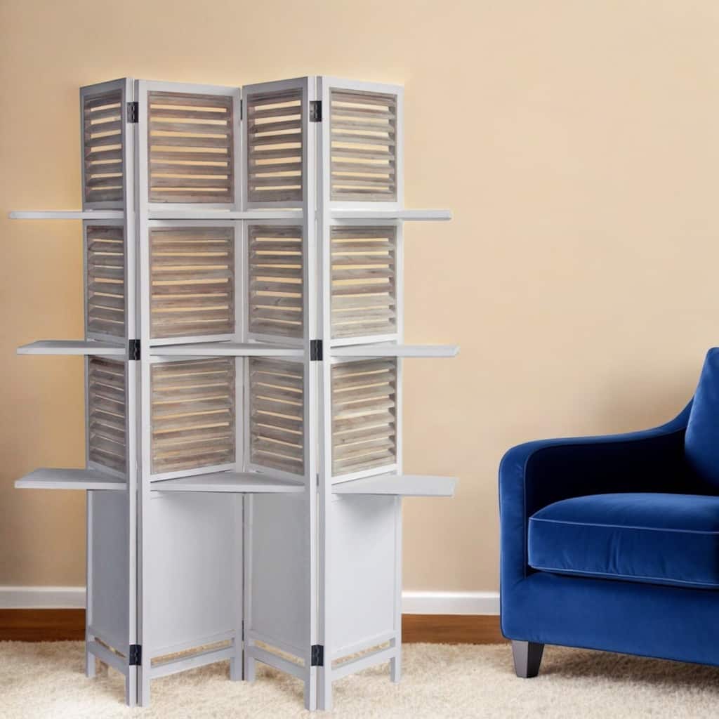 HomeRoots 71" White Wood Folding Four Panel Screen Room Divider - 63' X '71' X '10