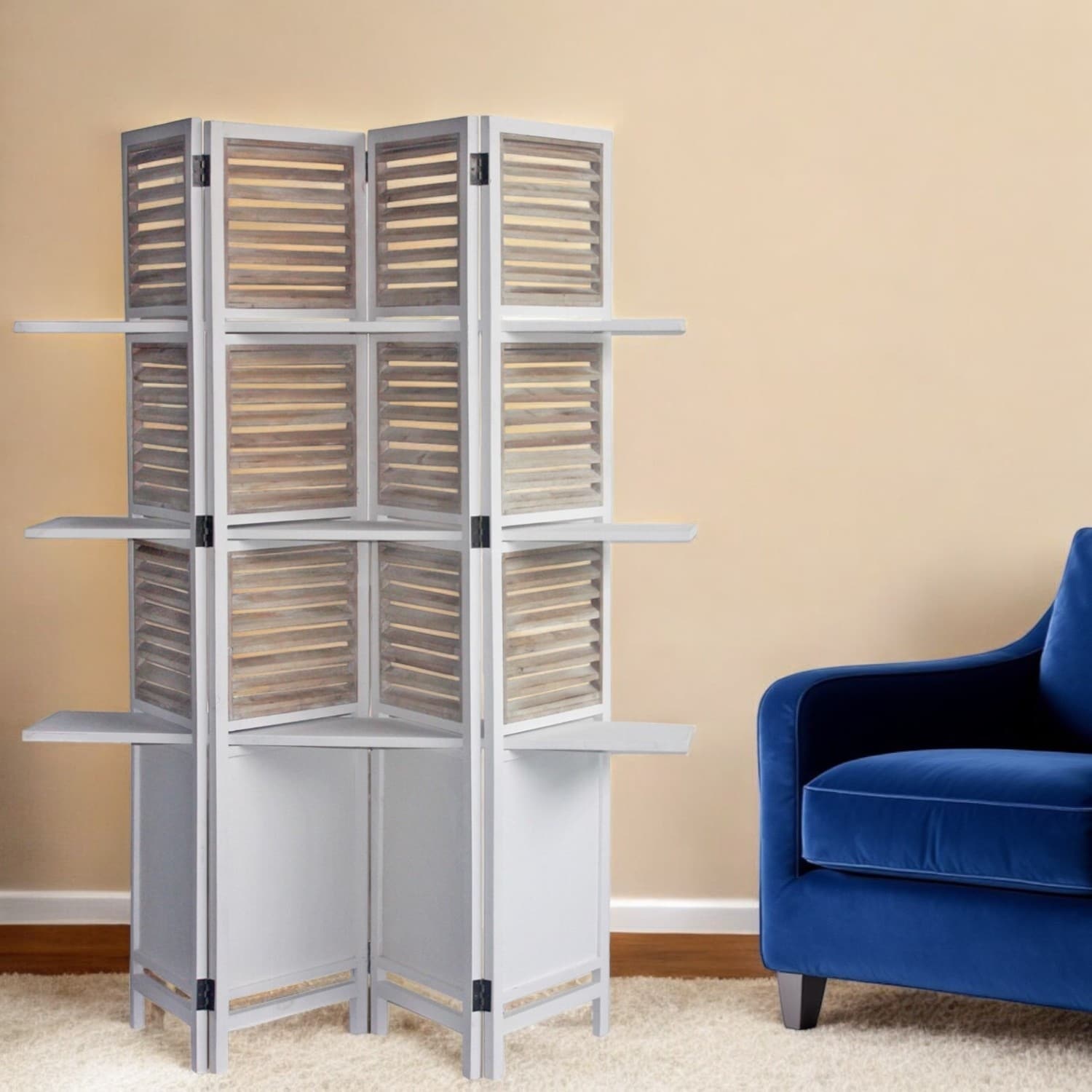 HomeRoots 71" White Wood Folding Four Panel Screen Room Divider - 63' X '71' X '10