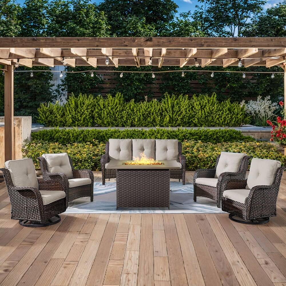 Gymojoy 6-Piece Outdoor Wicker Patio Furniture with Fire Pit, Rattan Coversation Set with Water Resistant Thick Cushions